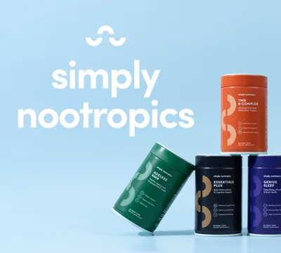 Simply Nootropics logo beside a stack of their supplement tins